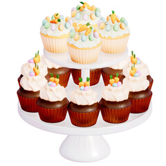 Easter holiday dessert Carrot cupcakes with stand on transparent background, 3D rendering