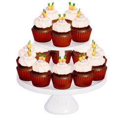 Easter holiday dessert Carrot cupcakes with stand on transparent background, 3D rendering