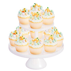 Easter holiday dessert Carrot cupcakes with stand on transparent background, 3D rendering