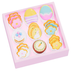 Easter holiday dessert easter egg with flower sugar cookies and mini cake on transparent background, 3D rendering