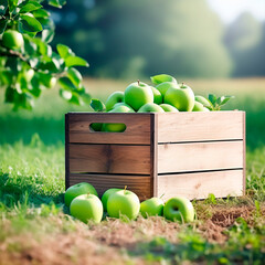 Ripe green apples in a wooden box on the background of a green field