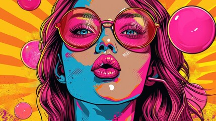 Artistic interpretation of bubble gum pop art, bold colors, and retro comic style, exaggerated bubbles