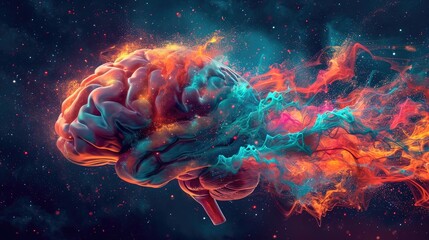 Abstract depiction of a human brain transforming into a vibrant burst of colors and shapes, symbolizing creative thought - obrazy, fototapety, plakaty