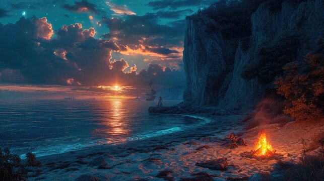 Evening beach scene with a bonfire, pirate treasure in the foreground, storytelling atmosphere with a hint of danger