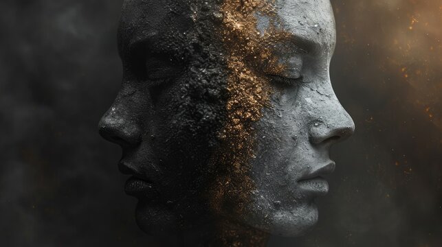 Artistic representation of human emotions, a face with half in shadow and half in light, symbolizing duality