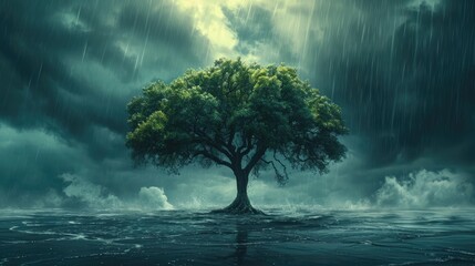Symbolic portrayal of resilience in mental health, a tree standing strong amidst a storm - obrazy, fototapety, plakaty