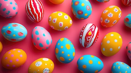 Fototapeta na wymiar Whimsical Easter egg flat lay, brightly colored eggs with cartoon drawings, fun and playful arrangemen