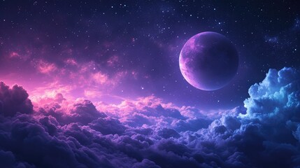 Naklejka na ściany i meble Dreamlike image of a purple orb floating in a star-filled night sky, magical and serene atmosphere