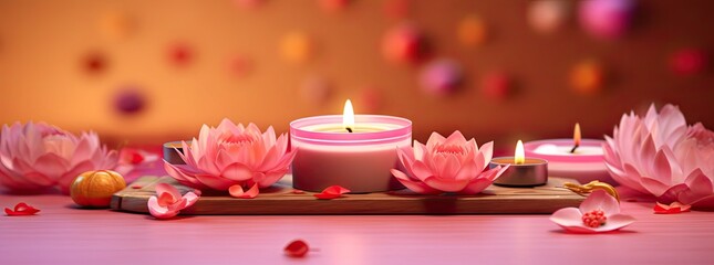 Burning candles with colorful decorations on a pink background.