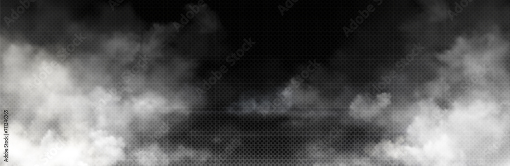 Wall mural White smoke cloud with overlay effect on transparent background. Realistic border with fog. Vector illustration of smoky mist or toxic vapor on floor. Meteorological phenomenon or condensation.