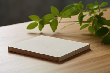 Fototapeta premium White Square Paper on Wooden Table