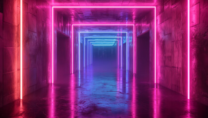 A vibrant neon-lit corridor with a futuristic and mysterious atmosphere, AI generated