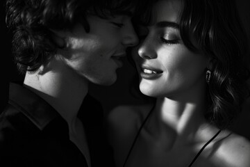 Fototapeta premium Black and white photo of a man and a woman in love