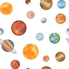 Seamless pattern The solar system. Mercury Venus Earth with its satellite, the Moon Mars, Jupiter, Saturn, Uranus, Neptune, and the dwarf planet Pluto. For astronomy lessons. Watercolor © Mari Ka