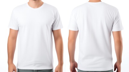 Man wearing a plain white t-shirt for mockup. front and back views - obrazy, fototapety, plakaty