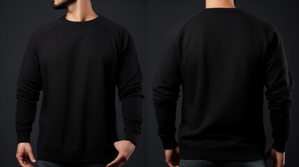 Man wearing a plain black sweatshirt for mockup. front and back views - obrazy, fototapety, plakaty