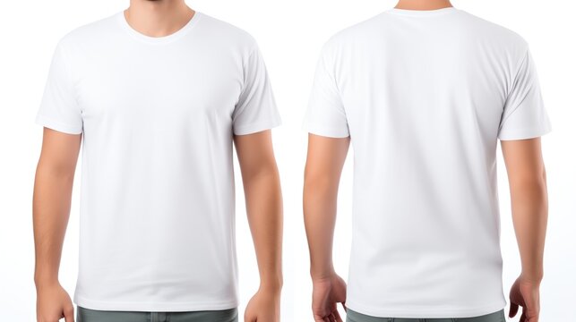 Man wearing a plain white t-shirt for mockup. front and back views