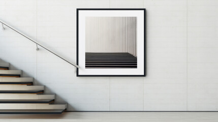 Contemporary interior design featuring a staircase with an abstract black and white wall art piece.