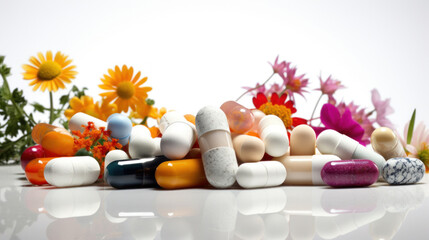 Assorted pharmaceutical pills and vibrant flowers on a white background, representing alternative medicine.