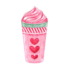 Cupcake with whipped cream . Valentines day object . Watercolor painting elements . PNG .