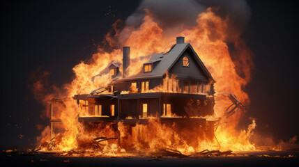 A dramatic scene of a residential house consumed by fierce flames and billowing smoke against a dark backdrop.