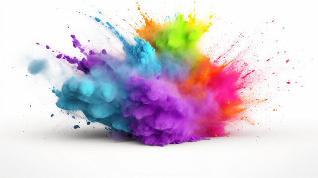 Dynamic and colorful powder explosion captured against a stark white background, conveying energy and creativity.