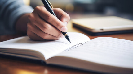 Close-up of a person writing in a notebook using a fountain pen, signifying creativity and thoughtfulness.