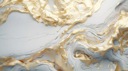 Abstract fluid art painting with luxurious gold marbling on a white background, creating an elegant and rich texture.