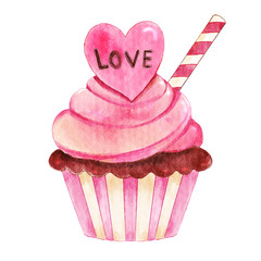 Strawberry cupcake . Valentines day object . Watercolor painting elements . PNG .