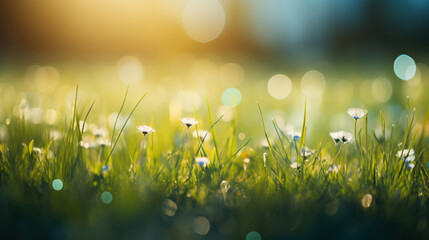 Horizontal spring outdoors nature background with white flowers and green grass with bokeh - Powered by Adobe