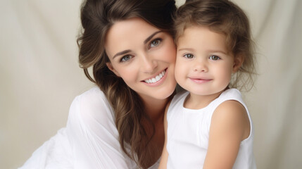 A radiant mother with a warm smile lovingly embraces her young daughter, both dressed in white against a soft backdrop.