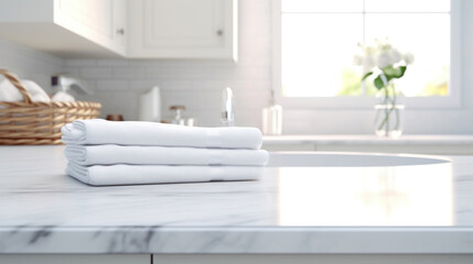 A stack of clean white towels neatly placed on a pristine marble countertop, suggesting a fresh and hygienic home environment.
