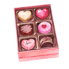 Chocolate in box . Valentines day object . Watercolor painting elements . PNG .
