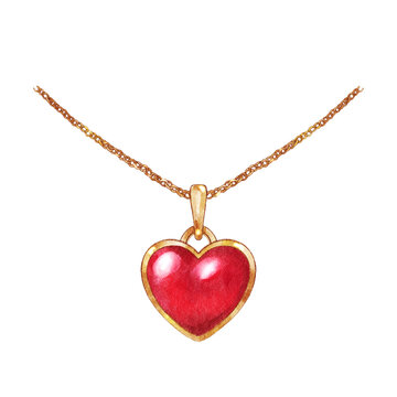 Heart shaped pendant and golden necklace . Valentines day object . Watercolor painting elements . PNG .