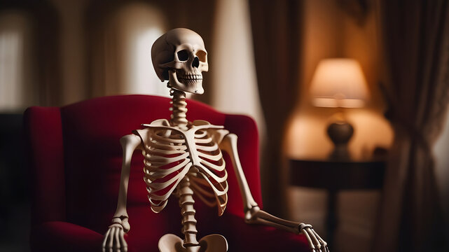 The skeleton is sitting in a chair. Concept: waiting too long.