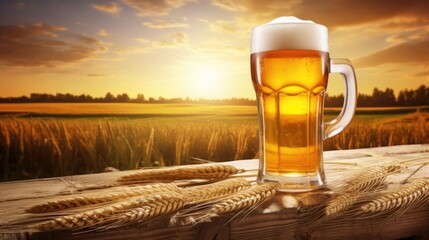 This visually appealing image portrays the tantalizing amber glow of a Farmhouse ale that seems to emit warmth, enticing any beer enthusiast with its inviting appearance. - obrazy, fototapety, plakaty