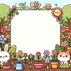 Garden landscape with tools. rabbit and cat Cartoon spring poster with yard and fence, flowers, seedling and pots. Gardening concept.