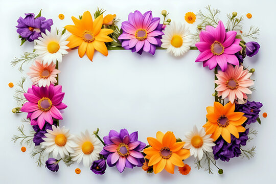 Summer background with flowers on light background. Flat lay, top view. Summer party backdrop
