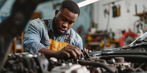 skilled African American mechanic fine-tuning a car engine with expertise - obrazy, fototapety, plakaty