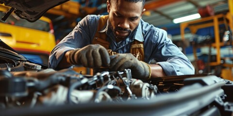 skilled African American mechanic fine-tuning a car engine with expertise