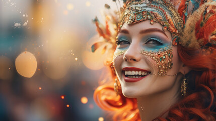 Close-up of a woman wearing a colorful carnival mask adorned with feathers and sequins, epitomizing celebration and mystery.