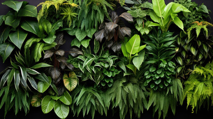 A beautifully arranged greenery wall with a diverse assortment of lush, vibrant plants, perfect for natural decor. - obrazy, fototapety, plakaty