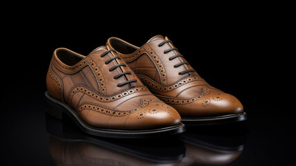 A pair of polished brown leather dress shoes with exquisite craftsmanship on a reflective surface.