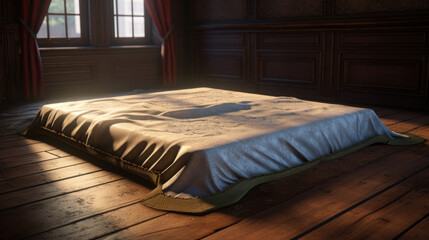The morning sun casts a warm glow on an unmade bed in a serene traditional bedroom setting.
