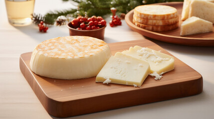 An elegant selection of artisan cheeses presented on a wooden cutting board, ready for a gourmet experience.