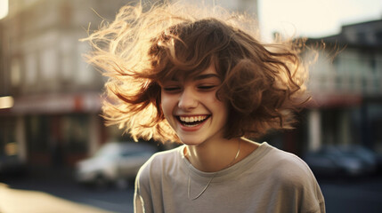 A happy young woman with windswept hair smiling brightly on a sunny city street, embodying joy and carefree spirit.