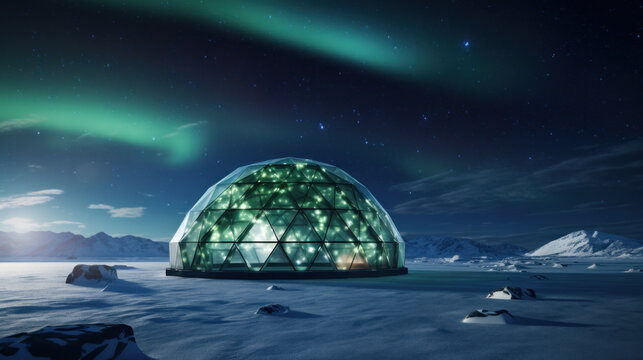A geodesic dome glows warmly under the vibrant Northern Lights in a vast, icy landscape during a polar night.
