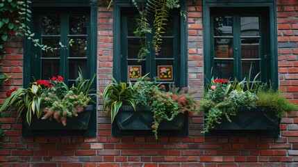 Fototapeta na wymiar Window boxes with plants on the side of a brick building