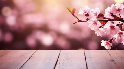 Wooden table with pink cherry blossom flower on bokeh background