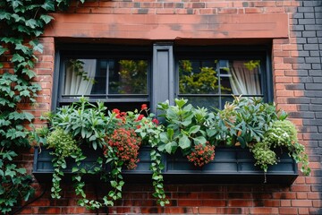 Window boxes with plants on the side of a brick building